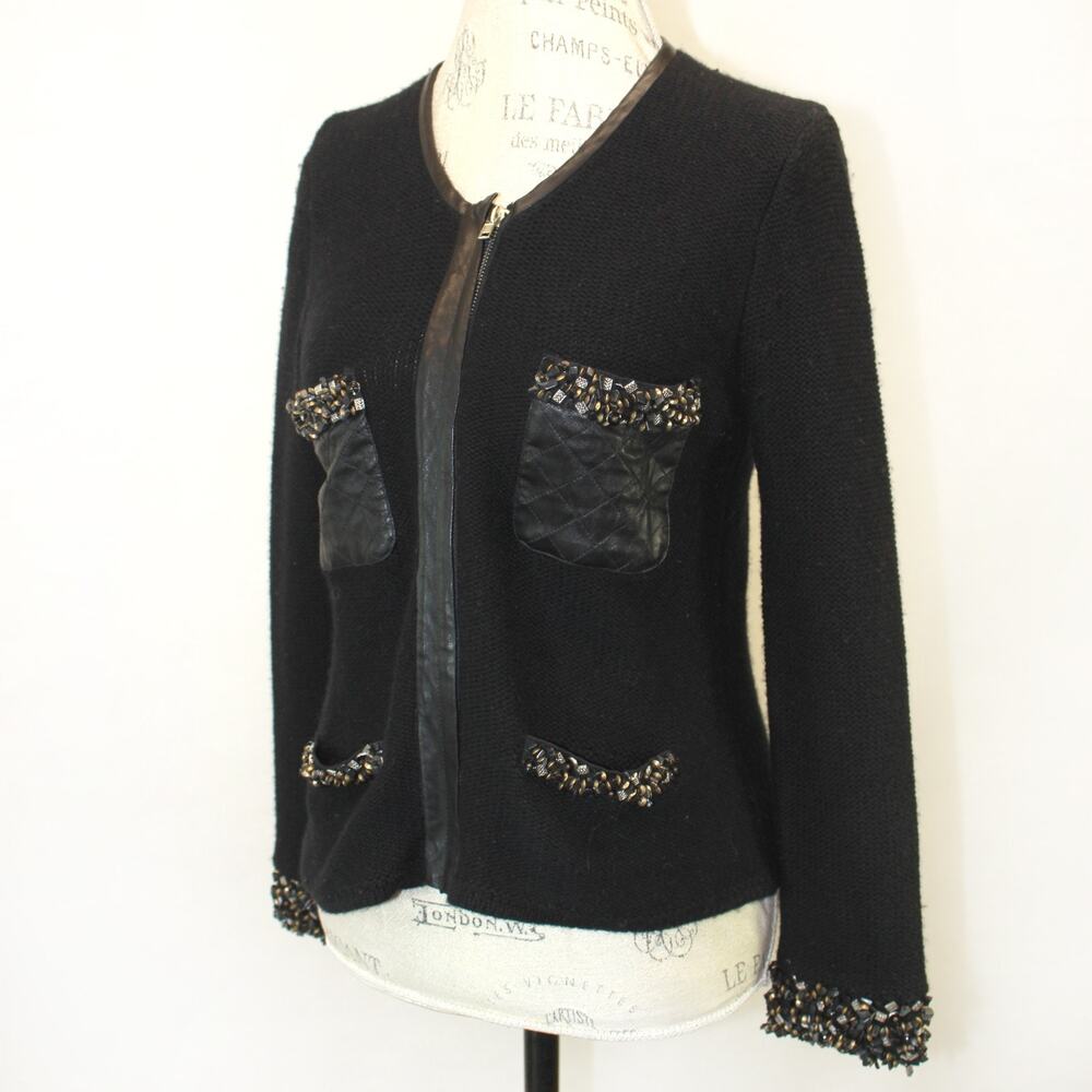Madison Marcus Black Knit Jacket Blazer Full Zip Embroidered Beads Old Money S
